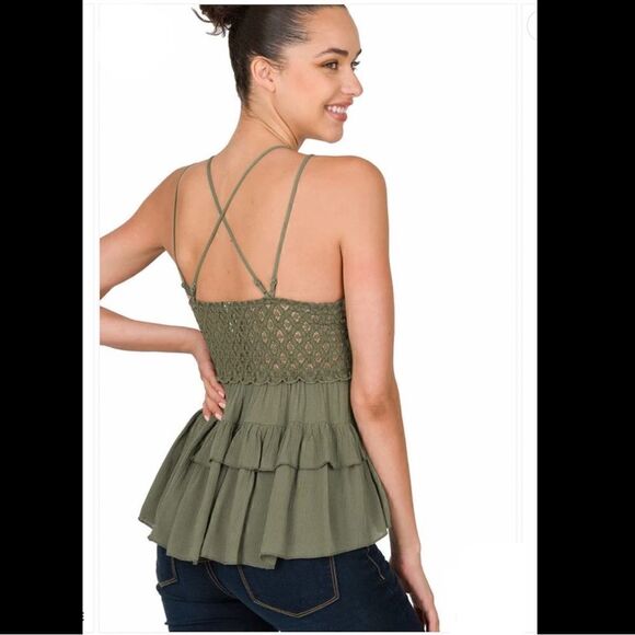 141. NWT CROCHET LACE PEPLUM CAMI TOP OLIVE MUSTARD - Picture 2 of 3